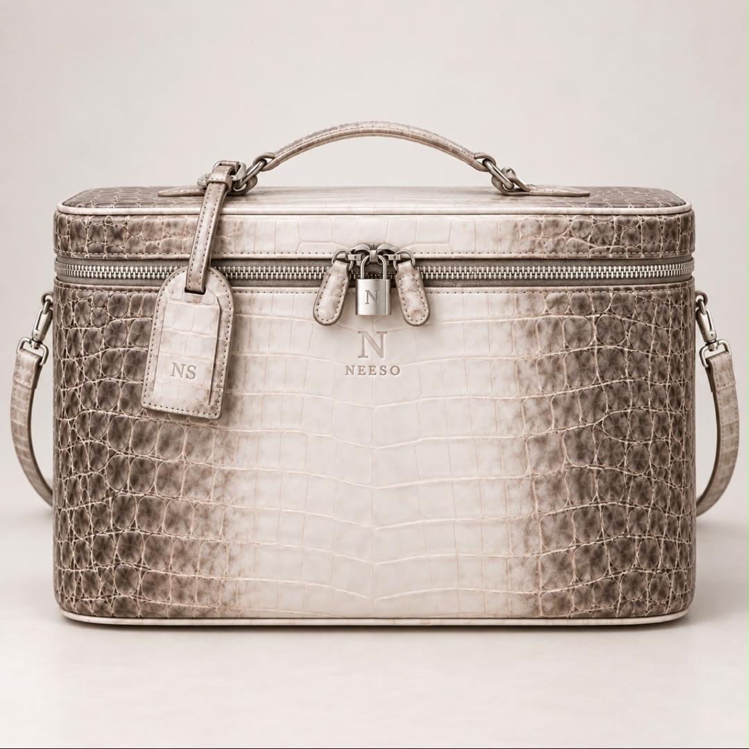 NEESO Vanity Case in pale Himalaya crocodile, front view